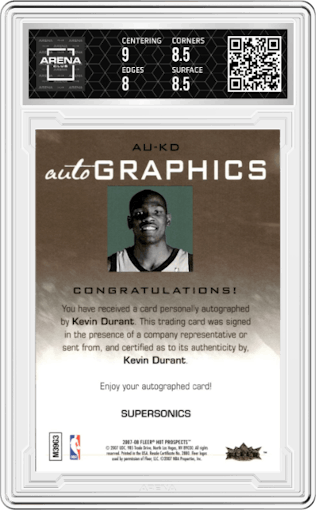Kevin Durant from the 2007-08 Fleer Hot Prospects set graded by Arena Club and given an overall grade of 8.5.