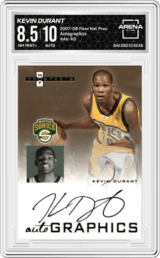 Kevin Durant from the 2007-08 Fleer Hot Prospects set graded by Arena Club and given an overall grade of 8.5.