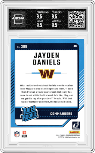 Jayden Daniels from the 2024 Donruss set graded by Arena Club and given an overall grade of 9.5.