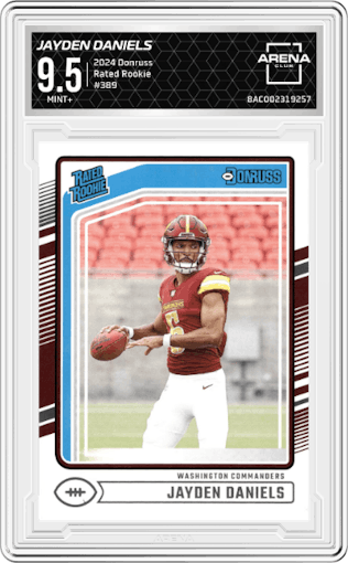 Jayden Daniels from the 2024 Donruss set graded by Arena Club and given an overall grade of 9.5.