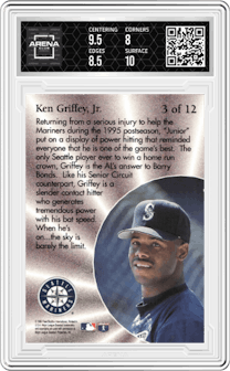 Ken Griffey Jr. from the 1996 Fleer set graded by Arena Club and given an overall grade of 8.5.