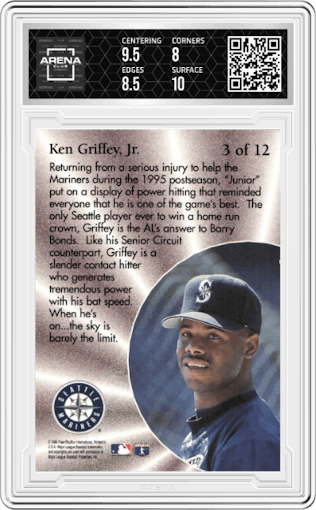 Ken Griffey Jr. from the 1996 Fleer set graded by Arena Club and given an overall grade of 8.5.