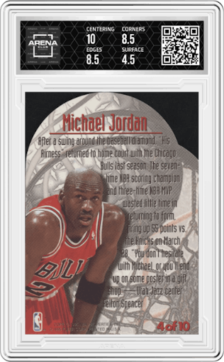 Michael Jordan from the 1995-96 Fleer Metal set graded by Arena Club and given an overall grade of 5.