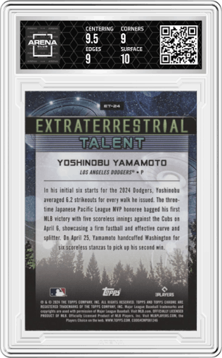 Yoshinobu Yamamoto from the 2024 Topps Cosmic Chrome set graded by Arena Club and given an overall grade of 9.5.