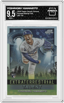 Yoshinobu Yamamoto from the 2024 Topps Cosmic Chrome set graded by Arena Club and given an overall grade of 9.5.