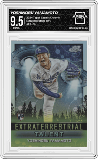 Yoshinobu Yamamoto from the 2024 Topps Cosmic Chrome set graded by Arena Club and given an overall grade of 9.5.