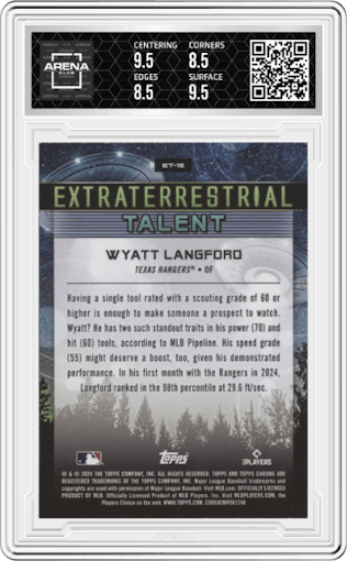 Wyatt Langford from the 2024 Topps Cosmic Chrome set graded by Arena Club and given an overall grade of 9.
