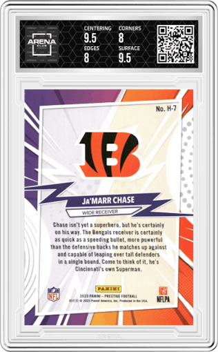 Ja'Marr Chase from the 2023 Panini Prestige set graded by Arena Club and given an overall grade of 8.5.