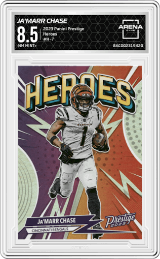 Ja'Marr Chase from the 2023 Panini Prestige set graded by Arena Club and given an overall grade of 8.5.