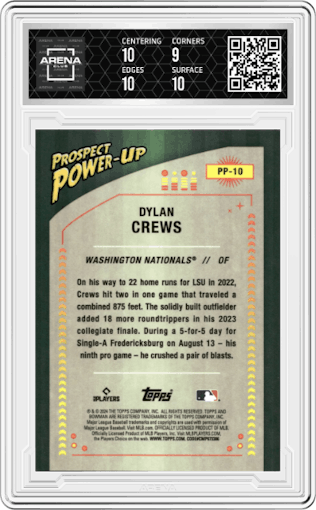 Dylan Crews from the 2024 Bowman set featuring a Purple Mojo Refractor parallel graded by Arena Club and given an overall grade of 9.5.