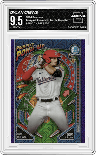 Dylan Crews from the 2024 Bowman set featuring a Purple Mojo Refractor parallel graded by Arena Club and given an overall grade of 9.5.