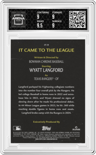 Wyatt Langford from the 2024 Bowman Chrome set graded by Arena Club and given an overall grade of 9.