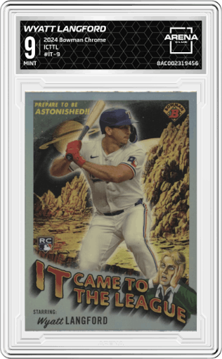 Wyatt Langford from the 2024 Bowman Chrome set graded by Arena Club and given an overall grade of 9.