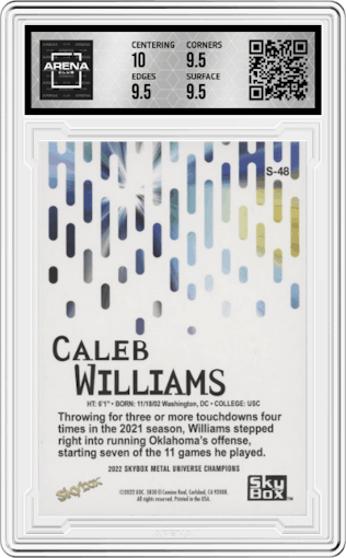 Caleb Williams from the 2022 Skybox Metal Universe Champions Multi-Sport set graded by Arena Club and given an overall grade of 10.
