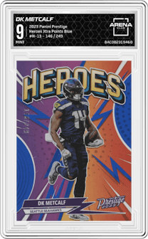 DK Metcalf from the 2023 Panini Prestige set featuring a Xtra Points Blue parallel graded by Arena Club and given an overall grade of 9.