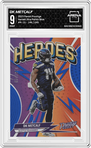 DK Metcalf from the 2023 Panini Prestige set featuring a Xtra Points Blue parallel graded by Arena Club and given an overall grade of 9.