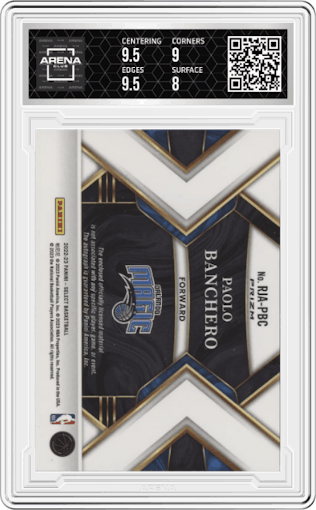 Paolo Banchero from the 2022-23 Panini Select set featuring a Red Wave parallel graded by Arena Club and given an overall grade of 8.5.