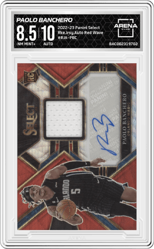 Paolo Banchero from the 2022-23 Panini Select set featuring a Red Wave parallel graded by Arena Club and given an overall grade of 8.5.