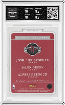 Josh Christopher/Jalen Green/Alperen Sengun from the 2021-22 Panini National Treasures set featuring a Gold parallel graded by Arena Club and given an overall grade of 9.