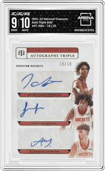 Josh Christopher/Jalen Green/Alperen Sengun from the 2021-22 Panini National Treasures set featuring a Gold parallel graded by Arena Club and given an overall grade of 9.