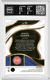 Marcus Sasser from the 2023-24 Panini Select  set featuring a Cosmic parallel graded by Arena Club and given an overall grade of 9.5.