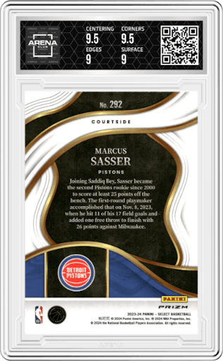 Marcus Sasser from the 2023-24 Panini Select  set featuring a Cosmic parallel graded by Arena Club and given an overall grade of 9.5.