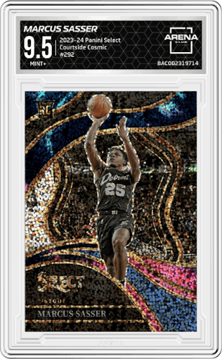 Marcus Sasser from the 2023-24 Panini Select  set featuring a Cosmic parallel graded by Arena Club and given an overall grade of 9.5.