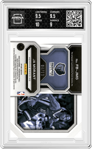 Ja Morant from the 2022-23 Panini Prizm  set featuring a Gold parallel graded by Arena Club and given an overall grade of 9.5.