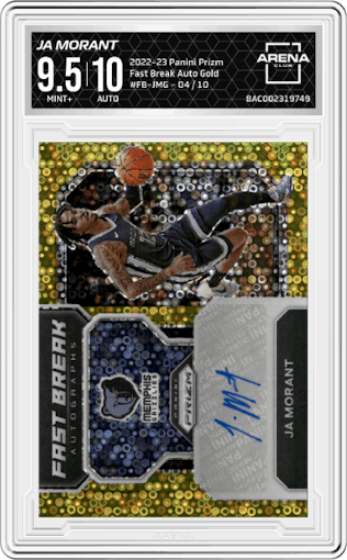 Ja Morant from the 2022-23 Panini Prizm  set featuring a Gold parallel graded by Arena Club and given an overall grade of 9.5.