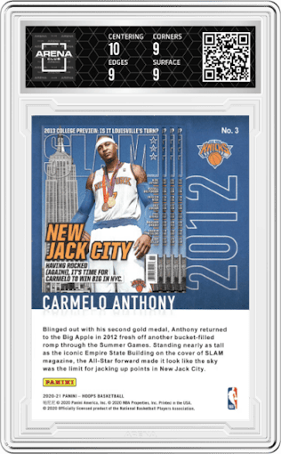 Carmelo Anthony from the 2020-21 Panini NBA Hoops set featuring a Purple Explosion parallel graded by Arena Club and given an overall grade of 9.5.