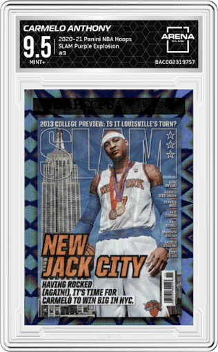 Carmelo Anthony from the 2020-21 Panini NBA Hoops set featuring a Purple Explosion parallel graded by Arena Club and given an overall grade of 9.5.