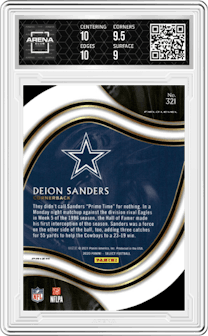 Deion Sanders from the 2020 Panini Select set featuring a Die-Cut Zebra parallel graded by Arena Club and given an overall grade of 9.5.