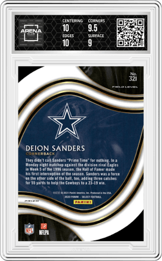 Deion Sanders from the 2020 Panini Select set featuring a Die-Cut Zebra parallel graded by Arena Club and given an overall grade of 9.5.