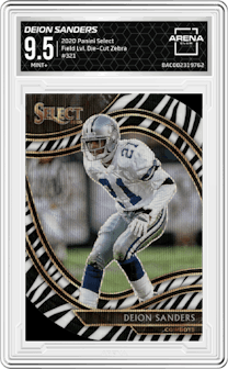 Deion Sanders from the 2020 Panini Select set featuring a Die-Cut Zebra parallel graded by Arena Club and given an overall grade of 9.5.