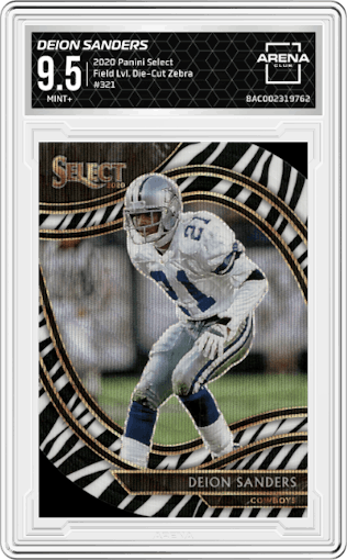 Deion Sanders from the 2020 Panini Select set featuring a Die-Cut Zebra parallel graded by Arena Club and given an overall grade of 9.5.