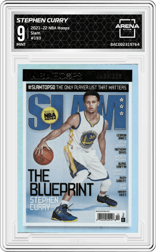 Stephen Curry from the 2021-22 Panini NBA Hoops set graded by Arena Club and given an overall grade of 9.