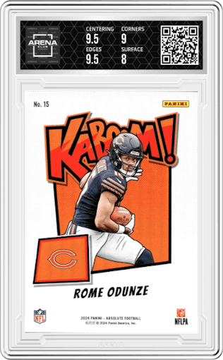Rome Odunze from the 2024 Panini Absolute set graded by Arena Club and given an overall grade of 8.5.