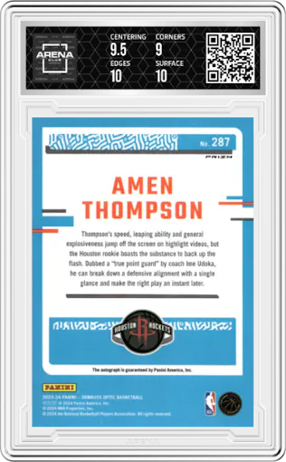 Amen Thompson from the 2023-24 Donruss Optic set featuring a Green International parallel graded by Arena Club and given an overall grade of 9.5.