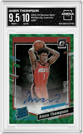 Amen Thompson from the 2023-24 Donruss Optic set featuring a Green International parallel graded by Arena Club and given an overall grade of 9.5.