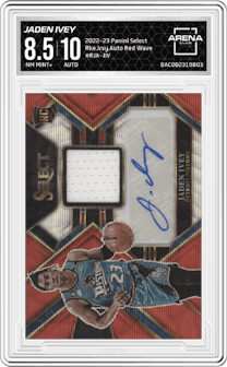 Jaden Ivey from the 2022-23 Panini Select set featuring a Red Wave parallel graded by Arena Club and given an overall grade of 8.5.