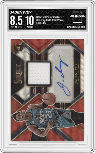 Jaden Ivey from the 2022-23 Panini Select set featuring a Red Wave parallel graded by Arena Club and given an overall grade of 8.5.