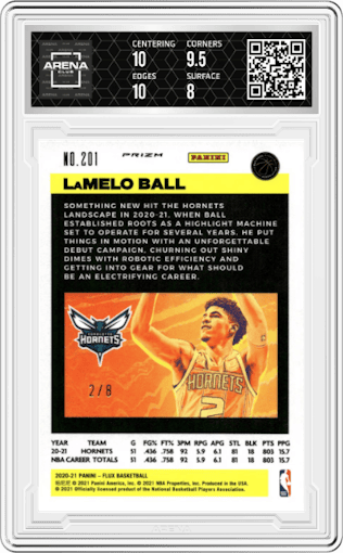 LaMelo Ball from the 2020-21 Panini Flux set featuring a Gold Scope FOTL parallel graded by Arena Club and given an overall grade of 8.5.