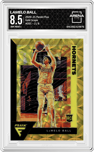 LaMelo Ball from the 2020-21 Panini Flux set featuring a Gold Scope FOTL parallel graded by Arena Club and given an overall grade of 8.5.