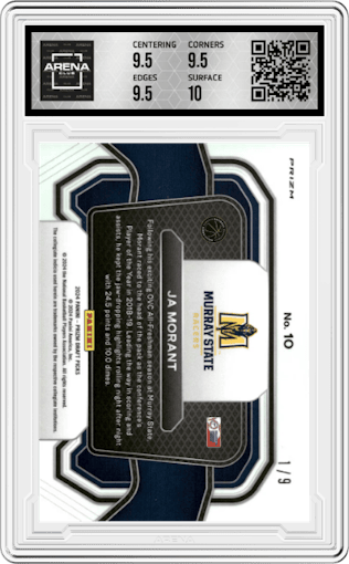 Ja Morant from the 2024 Panini Prizm Draft Picks set featuring a Red Shimmer FOTL parallel graded by Arena Club and given an overall grade of 10.