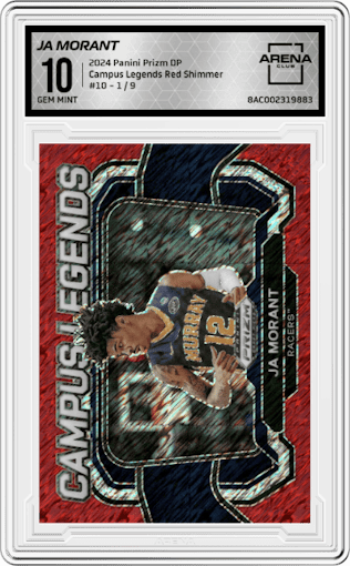 Ja Morant from the 2024 Panini Prizm Draft Picks set featuring a Red Shimmer FOTL parallel graded by Arena Club and given an overall grade of 10.