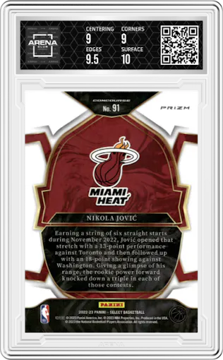 Nikola Jovic from the 2022-23 Panini Select set featuring a Cosmic parallel graded by Arena Club and given an overall grade of 9.5.