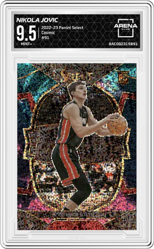 Nikola Jovic from the 2022-23 Panini Select set featuring a Cosmic parallel graded by Arena Club and given an overall grade of 9.5.