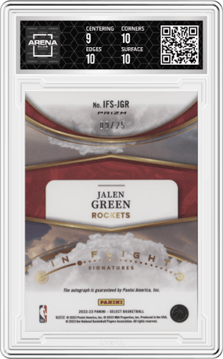 Jalen Green from the 2022-23 Panini Select set featuring a Tie-Dye parallel graded by Arena Club and given an overall grade of 9.5.