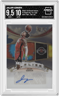 Jalen Green from the 2022-23 Panini Select set featuring a Tie-Dye parallel graded by Arena Club and given an overall grade of 9.5.