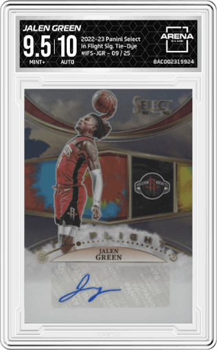 Jalen Green from the 2022-23 Panini Select set featuring a Tie-Dye parallel graded by Arena Club and given an overall grade of 9.5.
